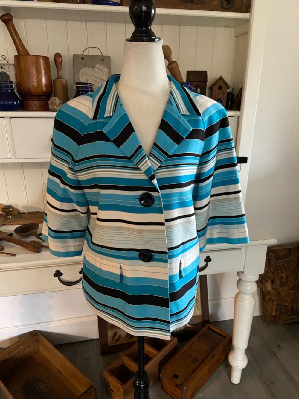 Talbots Turquoise, Black & White Striped Short-Sleeve Blazer